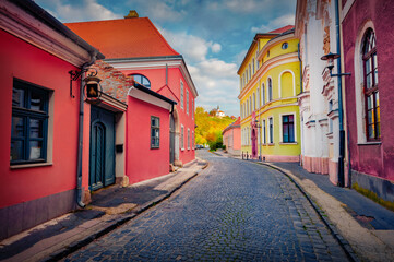 Colorful morning view of old building and empty road. Stunning summer cityscape of Esztergom town, Komarom-Esztergom County, Hungary, Europe. Traveling concept background.
