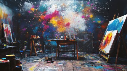 Obraz premium A bustling art studio with canvases, paint splatters, and creative energy