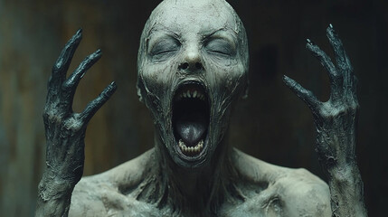 Naklejka premium A striking portrait of an alien attempting to blend in as a human, its disguise slipping with a wide-open mouth, revealing otherworldly features beneath the façade. Generative AI