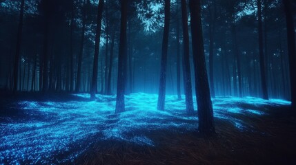 Fototapeta premium A digital landscape with trees glowing blue in a mystical forest.