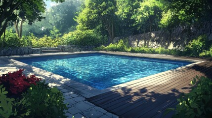 Obraz premium Tranquil outdoor pool surrounded by lush greenery