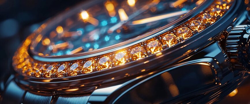 Close-up of a luxury watch with diamond bezel.