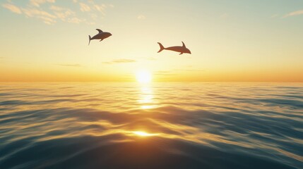 Fototapeta premium Two dolphins leap at sunset over ocean.
