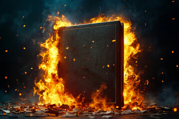 A book on fire with a black background