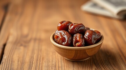 Obraz premium unisian Kurma dates, positioned on a rustic wooden table. The color palette should consist of warm browns, with subtle highlights and shadows