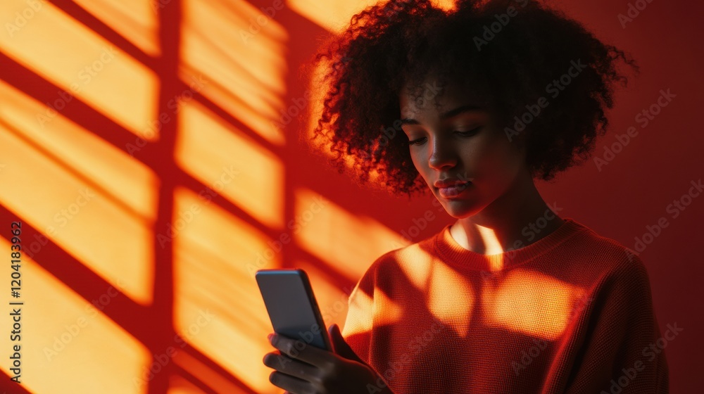 Aufkleber young person with curly hair using a smartphone in warm light from window shadows. generative ai