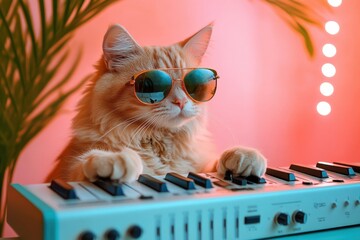 Ginger Cat Playing Keyboard Wearing Sunglasses