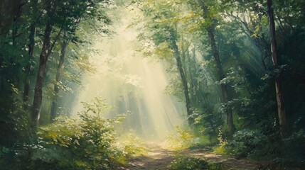 Obraz premium A tranquil forest with sunlight streaming through the trees, symbolizing peaceful health.