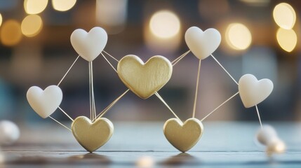 Interconnected Golden and White Hearts on Wooden Surface with Bokeh Background.