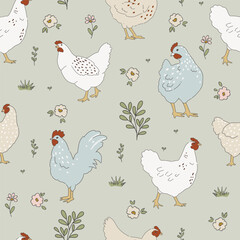 Chicken hand drawn clipart, seamless pattern with chicken birds, cottagecore country life style repeating vector background