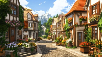 Fototapeta premium A charming European village with cobblestone streets, quaint shops, and flower boxes