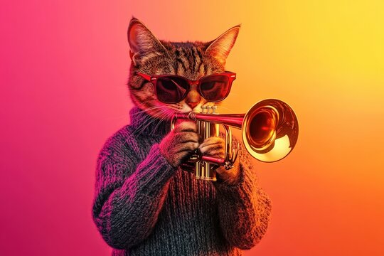 Cat Playing Trumpet in Sweater