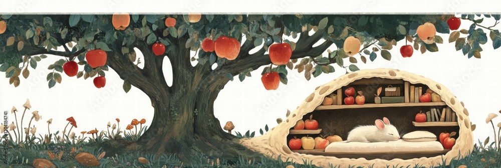 Poster Rabbit resting in a cozy nest under a tree filled with red apples during a sunny day in a serene garden setting. Generative AI