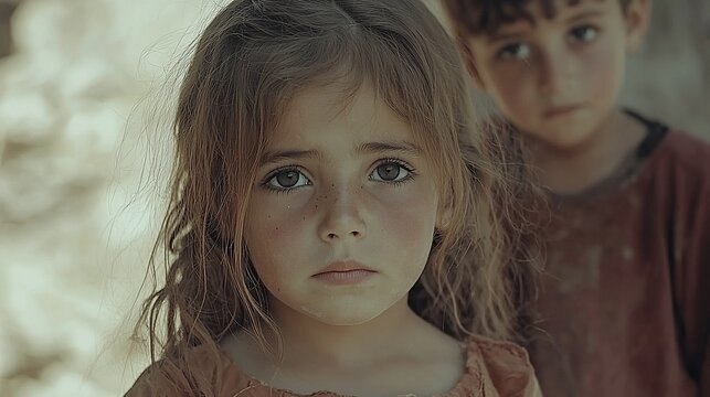 Portrait of a young girl with a boy in the background, both looking serious.