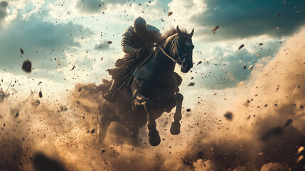 Knight charging into battle on horseback, with dust and debris flying and a cloudy sky in the background.