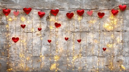 Romantic Valentine's Day Background Red Hearts and Fairy Lights on Rustic Wall.