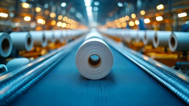 Roll of fabric moving on conveyor belt in modern textile factory interior