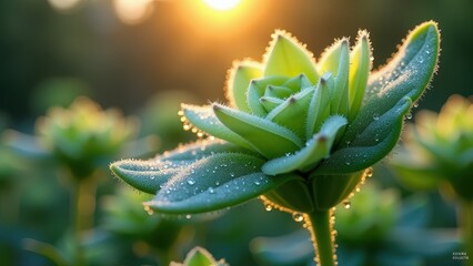 Close-Up of Green Thistle-Like Plant with Dew in a Sunlit Forest

