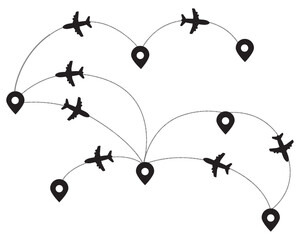 Aeroplane flight path from location to destination route silhouette vector illustration