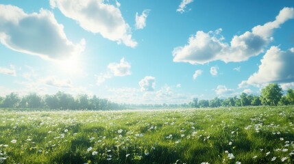 Obraz premium Vast green meadow under blue sky