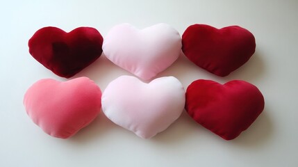 Fototapeta premium Six Heart-Shaped Pillows in Red and Pink Hues on White Background.