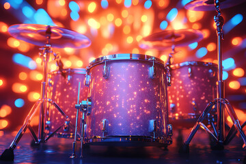A glowing digital drummer performing on a radiant holographic drum set with vibrant energy pulses