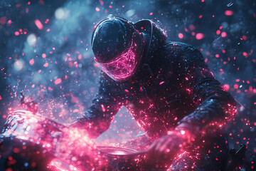 A glowing digital drummer performing on a radiant holographic drum set with vibrant energy pulses