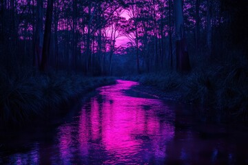 Pink Sunset Over Forest Stream A Serene Night Scene
