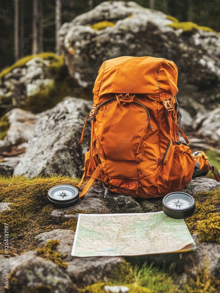 Aufkleber Hiking equipment rests on mossy rocks with map and compass in a forest setting during daytime. Generative AI