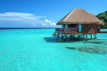 A picturesque overwater bungalow with a thatched roof.