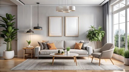 Fototapeta premium Modern living room interior background, wall mockup, 3d render