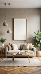 Modern living room interior background, wall mockup, 3d render