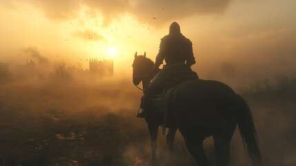 Knight atop a black horse on a misty battlefield at sunrise.