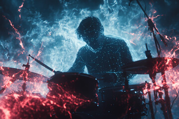 A glowing digital drummer performing on a radiant holographic drum set with vibrant energy pulses