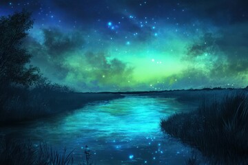 Fototapeta premium Serene Night River Scene Under Starlit Sky
