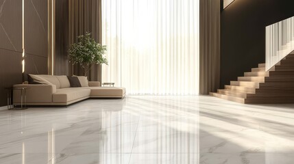 Fototapeta premium A beige corner sofa complements the space, inviting relaxation and comfort.