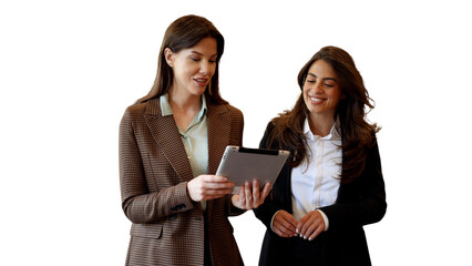 Two beautiful corporate partners using tablet and making plans