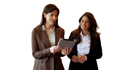 Two beautiful corporate partners using tablet and making plans