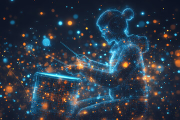 A glowing digital drummer performing on a radiant holographic drum set with vibrant energy pulses