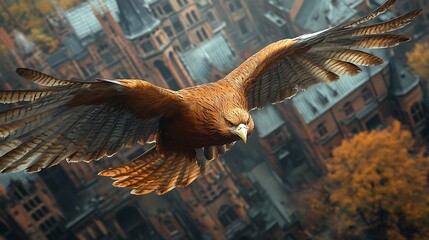 Golden eagle soaring above autumn city
