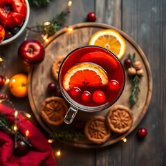 Festive mulled wine with cranberries and orange slices, served with cookies on a wooden tray.
