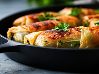 Fototapeta premium Golden Cabbage Rolls in Cast Iron Skillet with Fresh Parsley Garnish
