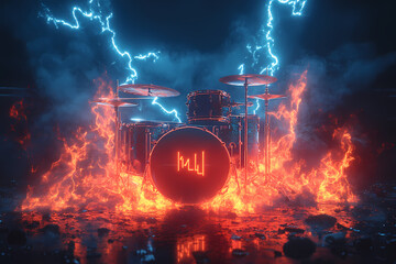 A glowing digital drummer performing on a radiant holographic drum set with vibrant energy pulses