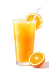 there is a glass of orange juice with a straw and a slice of orange