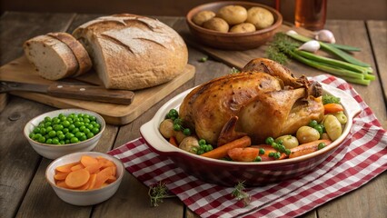 Rustic Easter meal featuring roast chicken and seasonal vegetables on a wooden table