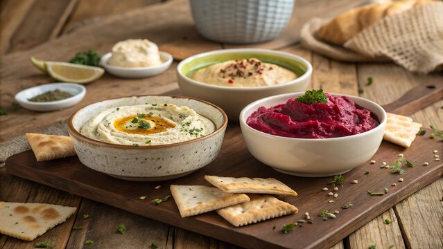 Rustic wooden table featuring a variety of dips and crackers in a cozy dining setting suitable for gatherings