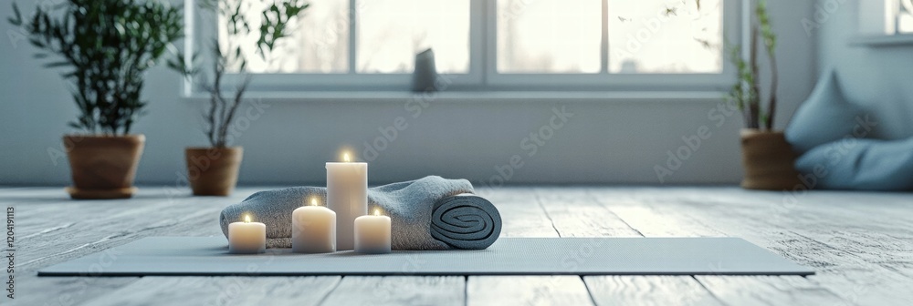Aufkleber relaxing yoga setup with candles and towel in a serene indoor space with natural light. generative a