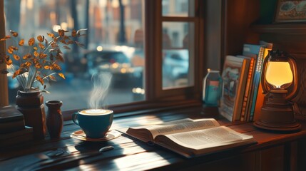 A cozy coffee shop corner with a steaming latte and an open book