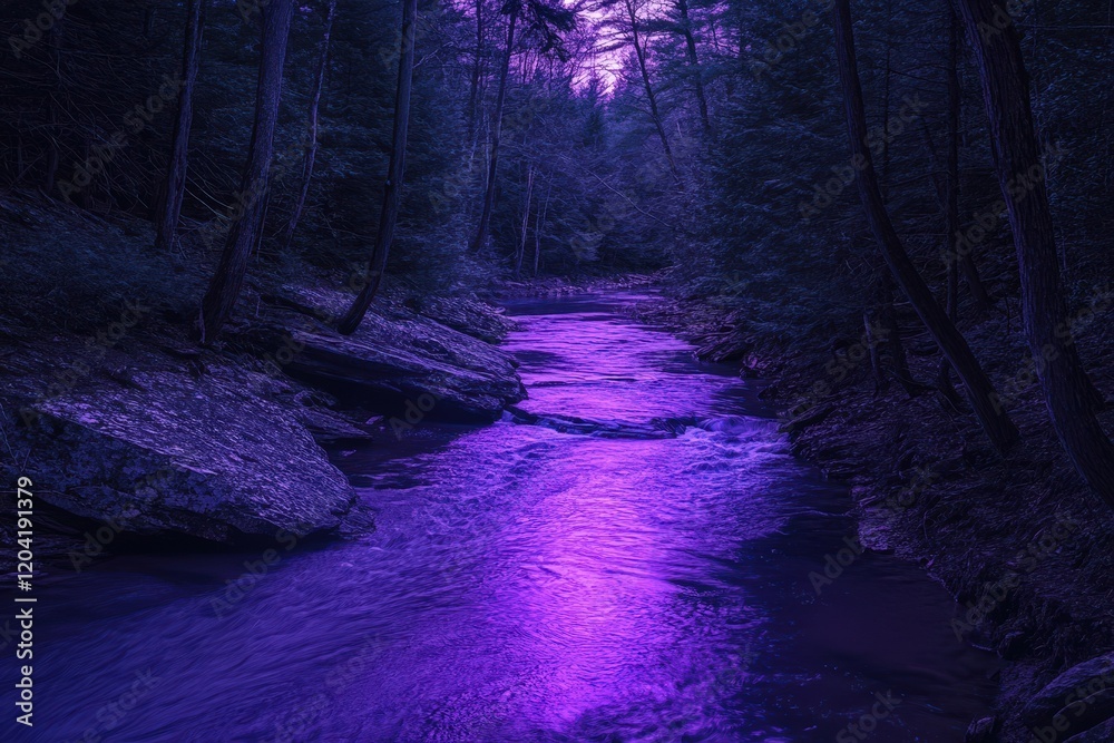 Canvas Prints Purple River Flows Through Dark Forest At Night