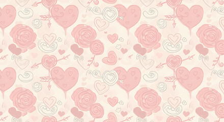 Charming Hand-Drawn Hearts, Arrows & Roses Pattern in Pastel Shades – Perfect for Scrapbooking & Valentine’s Day Designs